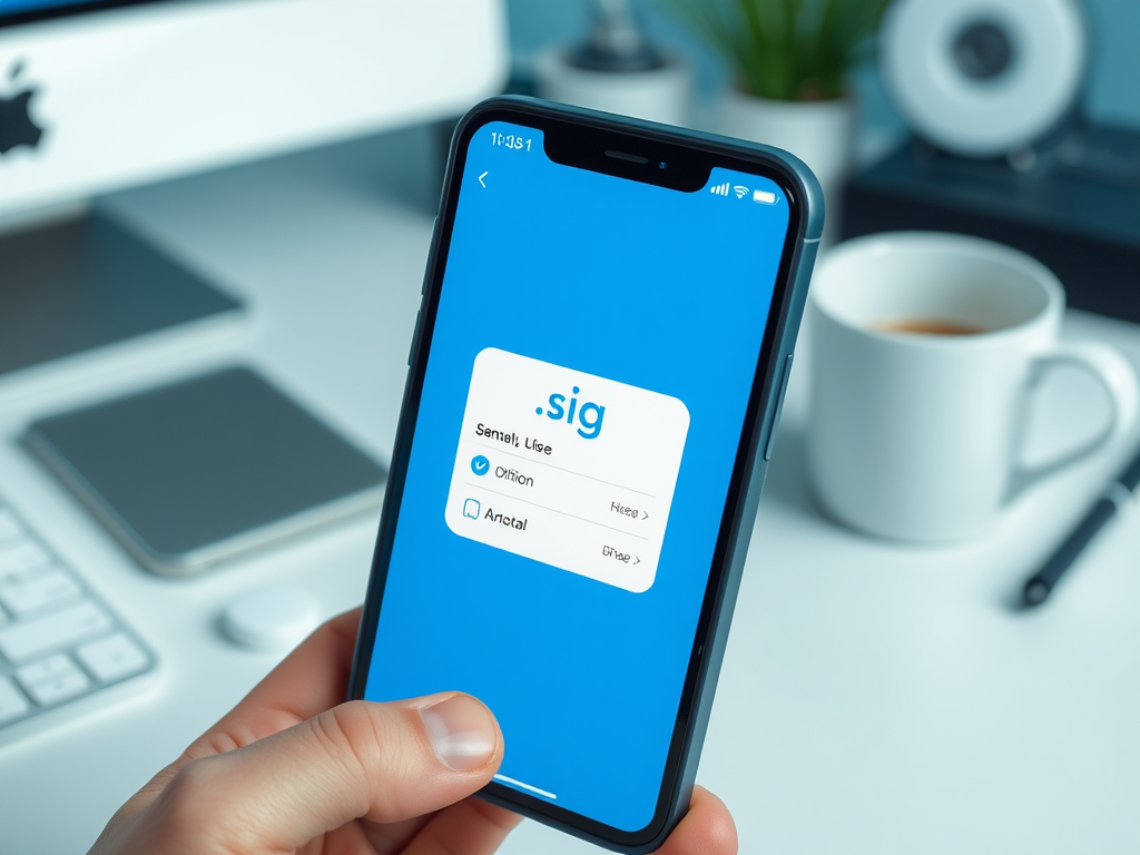 На экране смартфона приложение .sig с интерфейсом на голубом фоне и несколькими опциями выбора.