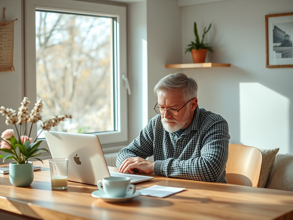 Пожилой мужчина работает за столом с ноутбуком, чашкой кофе и цветами в уютном офисе.