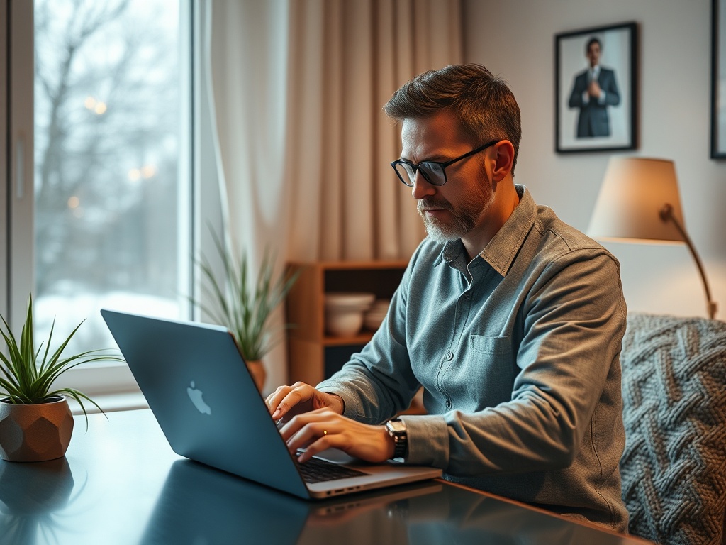 Мужчина за компьютером в уютной комнате, работает с ноутбуком и внимательным выражением лица.
