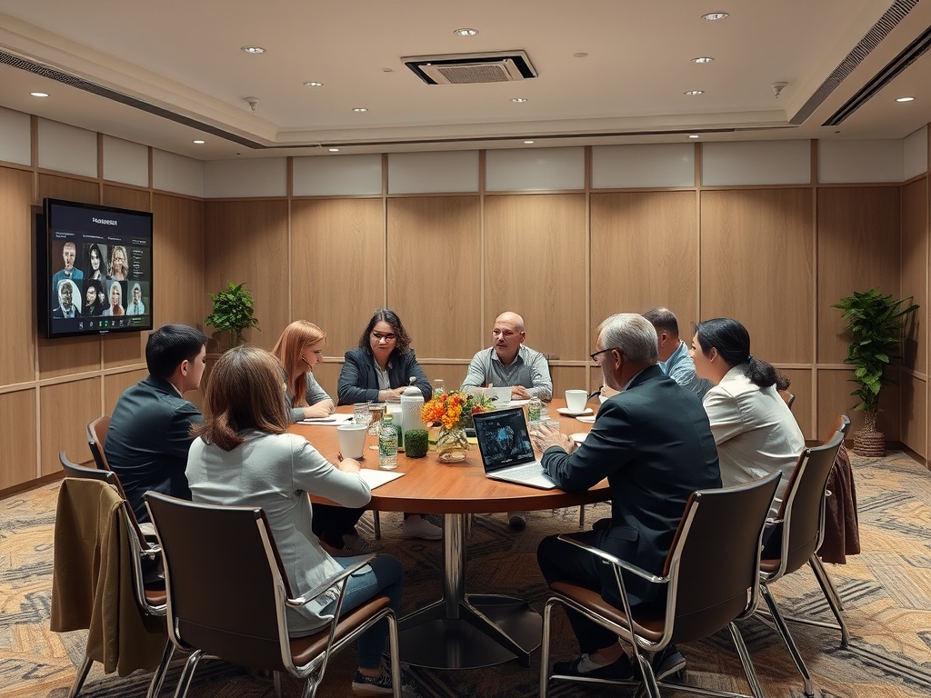 В комнате для переговоров сидят участники, обсуждающие проект за круглым столом. На экране – видеоконференция.