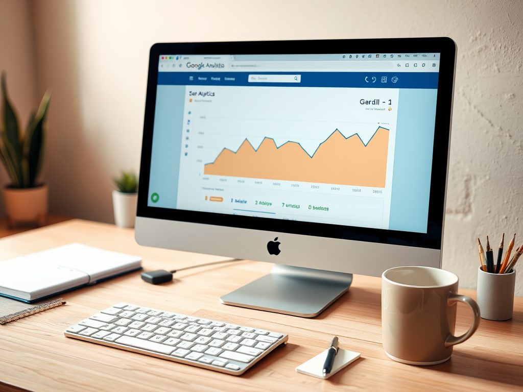На столе стоит компьютер с графиком в Google Analytics, рядом чашка и блокнот.