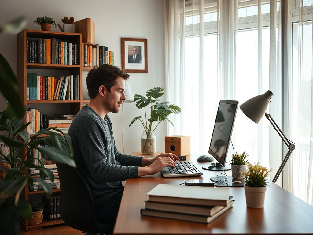 Молодой человек работает за столом у компьютера, книги и растения на заднем плане, освещено солнечным светом.