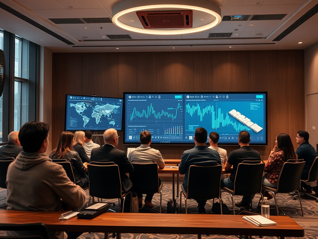 Группа людей на встрече, обсуждающая данные на экранах в современном офисе.